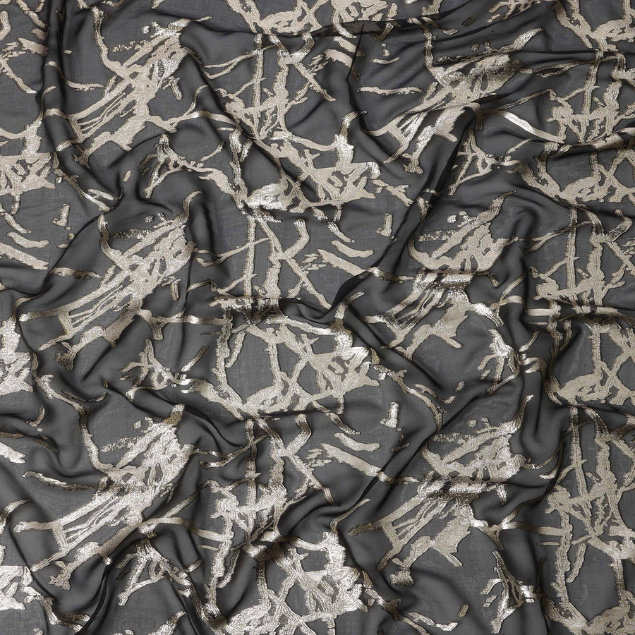 Charcoal Black Silk Chiffon Fabric with Abstract Metallic Lurex Design, 110 Cms Width, Made in South Korea-D22567