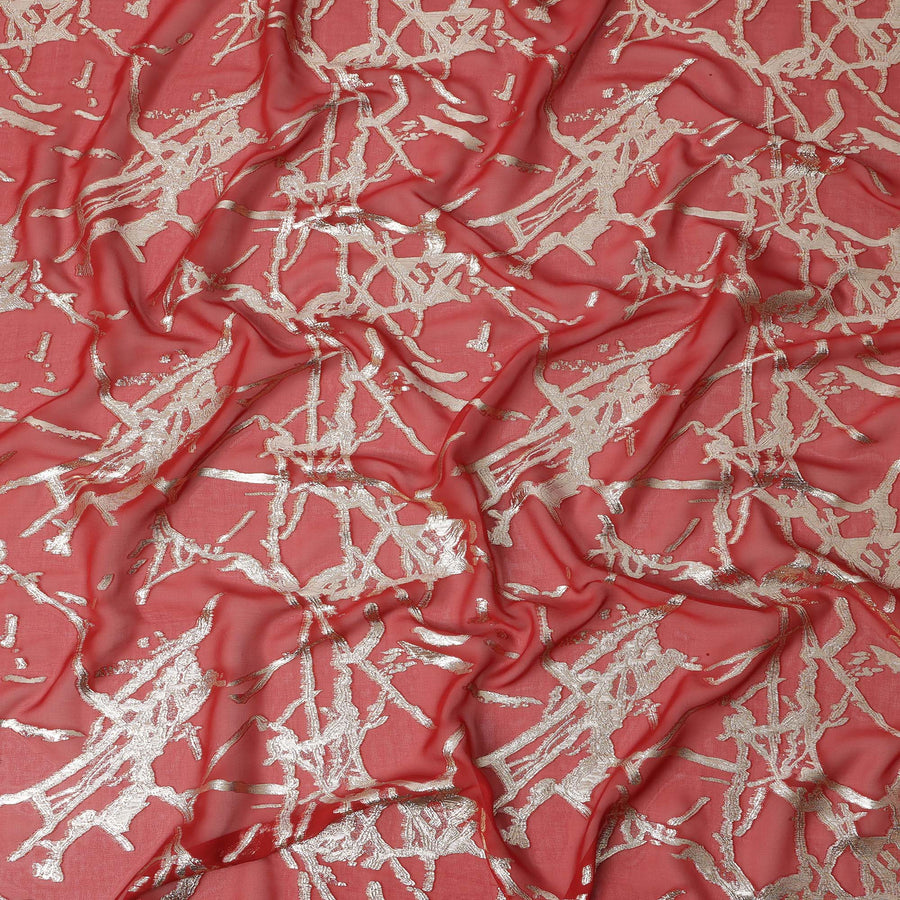Coral Red Silk Chiffon Fabric with Abstract Metallic Lurex Design, 110 Cms Width, Made in South Korea-D22568