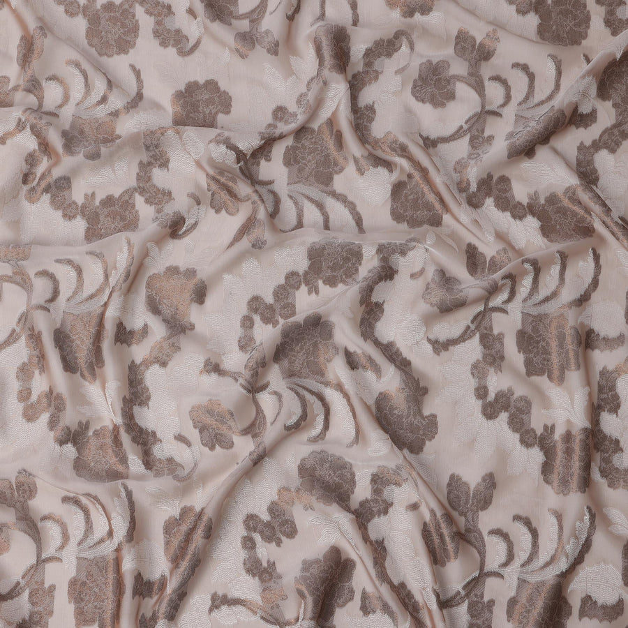 Blush Nude French Silk Chiffon Fabric with Metallic Lurex Floral Brocade Design, 110 Cms Width, Made in France-D22569
