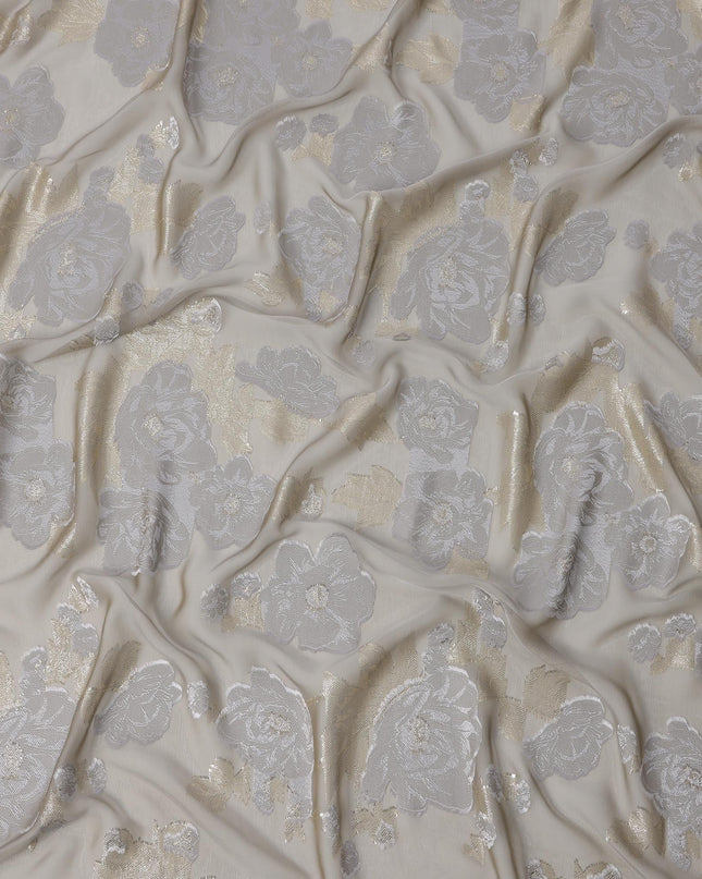 Light Grey French Silk Chiffon Fabric with Metallic Lurex Rose Floral Brocade Design, 110 Cms Width, Made in France-D22570