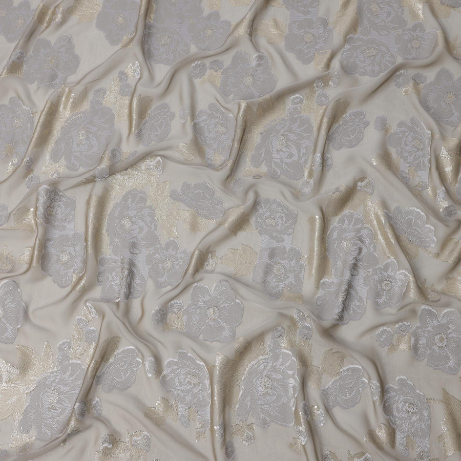 Light Grey French Silk Chiffon Fabric with Metallic Lurex Rose Floral Brocade Design, 110 Cms Width, Made in France-D22570
