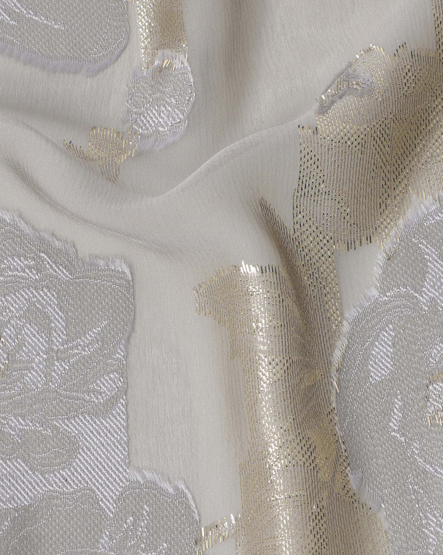 Light Grey French Silk Chiffon Fabric with Metallic Lurex Rose Floral Brocade Design, 110 Cms Width, Made in France-D22570