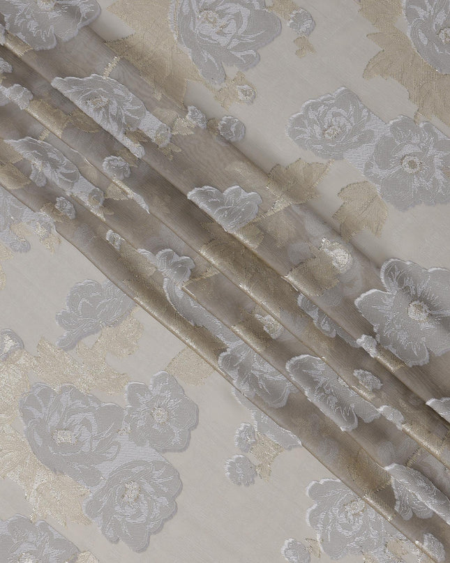 Light Grey French Silk Chiffon Fabric with Metallic Lurex Rose Floral Brocade Design, 110 Cms Width, Made in France-D22570