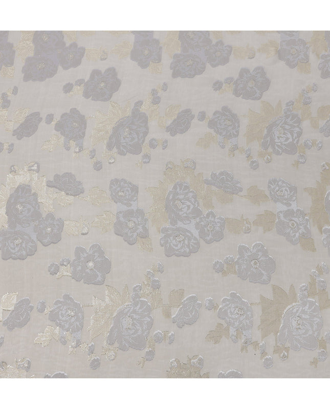 Light Grey French Silk Chiffon Fabric with Metallic Lurex Rose Floral Brocade Design, 110 Cms Width, Made in France-D22570