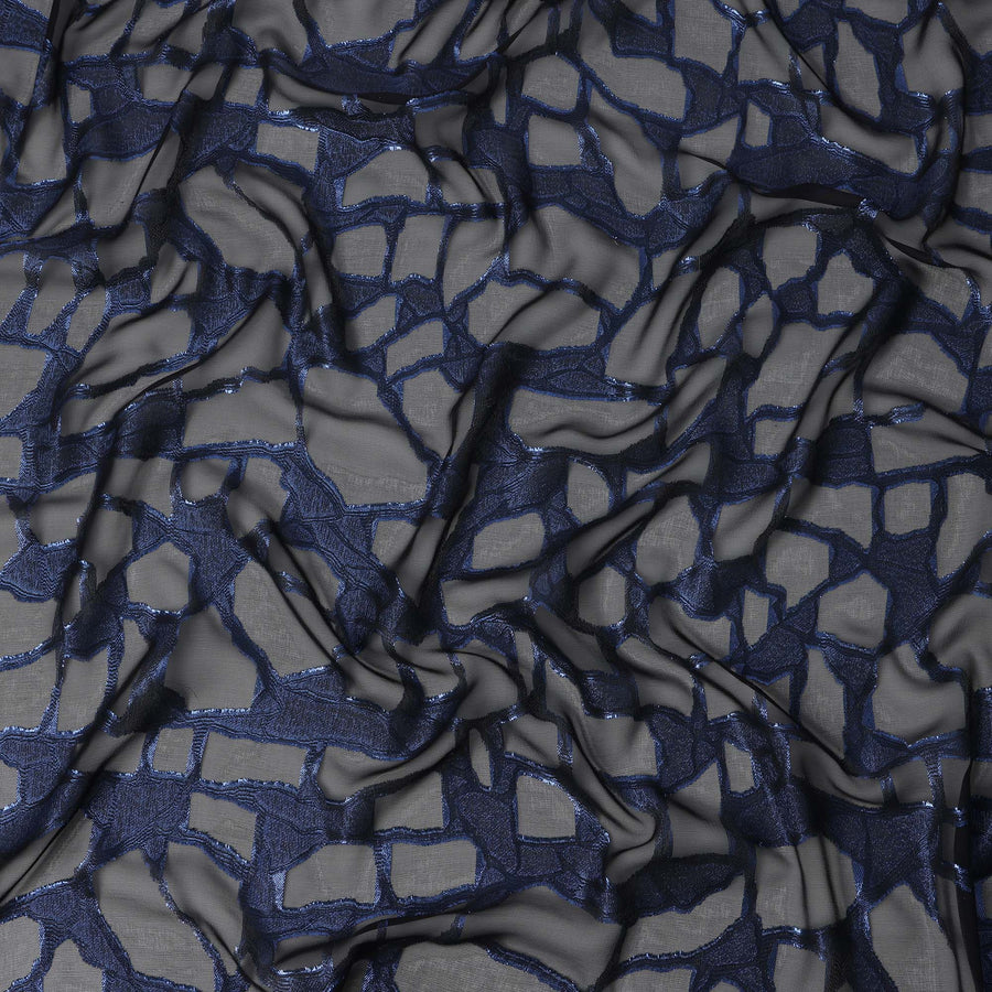 Charcoal Black French Silk Chiffon Fabric with Blue Metallic Lurex Abstract Grid Design, 110 Cms Width, Made in France-D22573