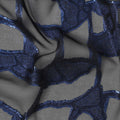 Charcoal Black French Silk Chiffon Fabric with Blue Metallic Lurex Abstract Grid Design, 110 Cms Width, Made in France-D22573