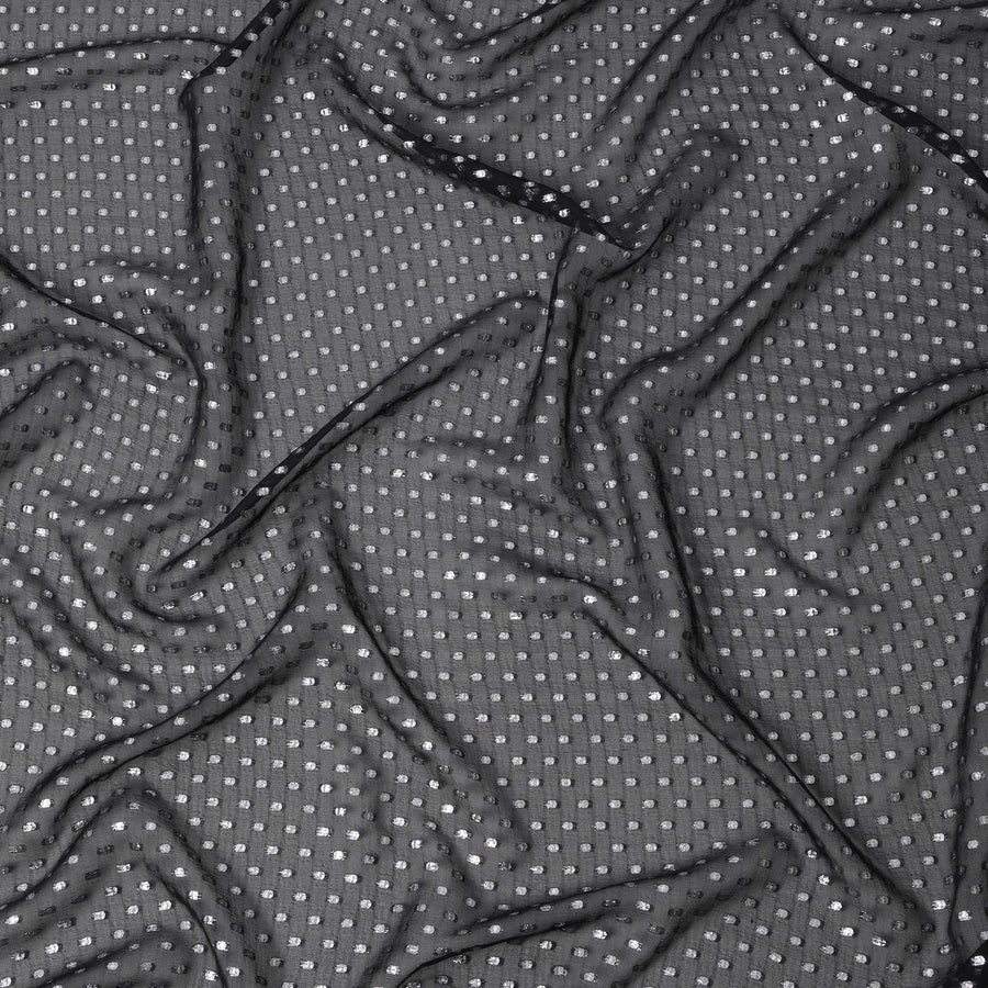 قماش شيفون حريري أسود غامق بتصميم نقاط بولكا معدنية من لوركس، عرض 110 سم، صنع في كوريا الجنوبية - D22575