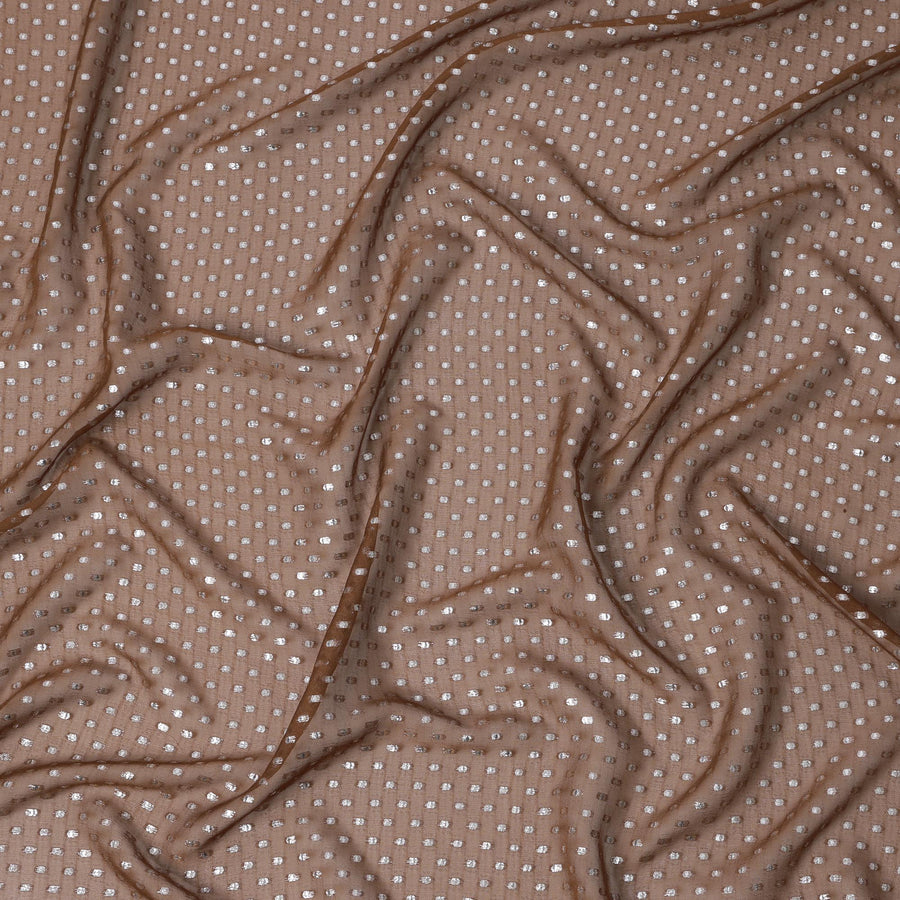 قماش شيفون حريري بني كراميل مع تصميم نقاط بولكا من لوركس معدني، عرض 110 سم، صنع في كوريا الجنوبية - D22576