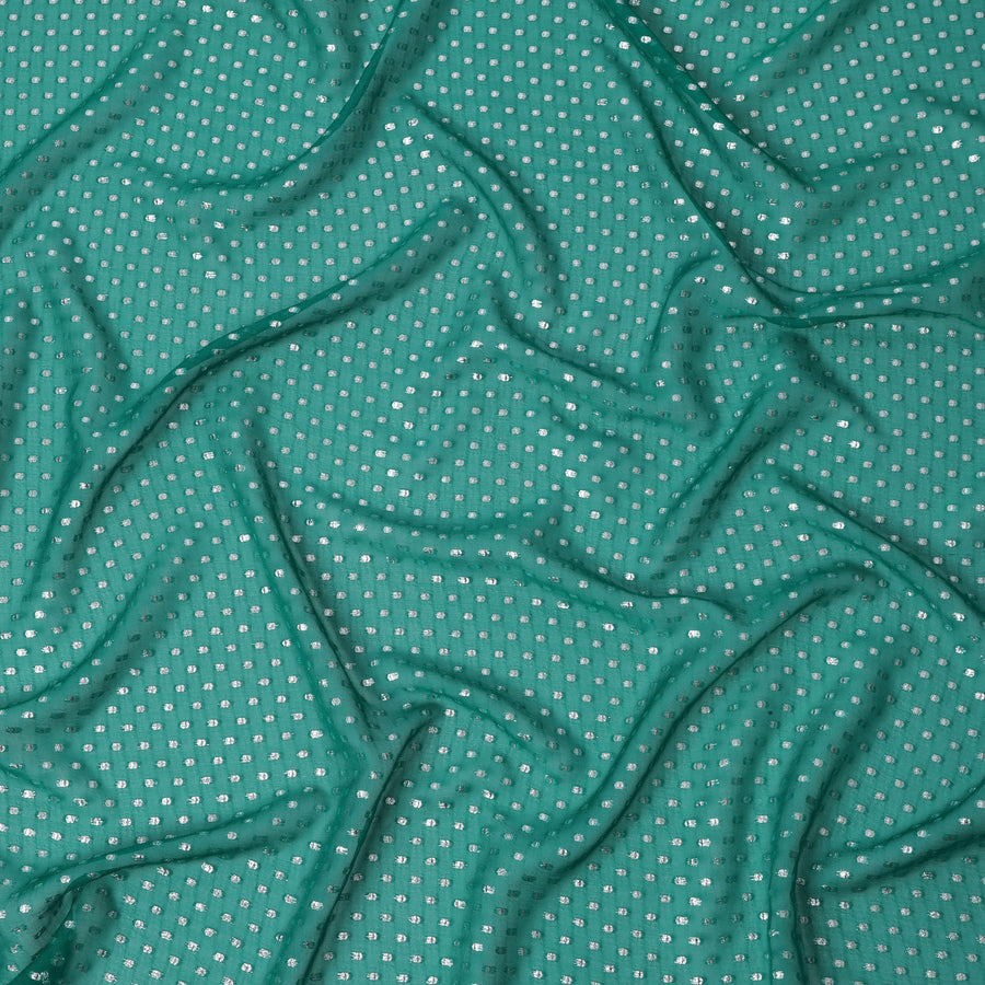 قماش شيفون حريري أخضر زمردي مع تصميم نقاط بولكا من لوركس معدني، عرض 110 سم، صنع في كوريا الجنوبية - D22579