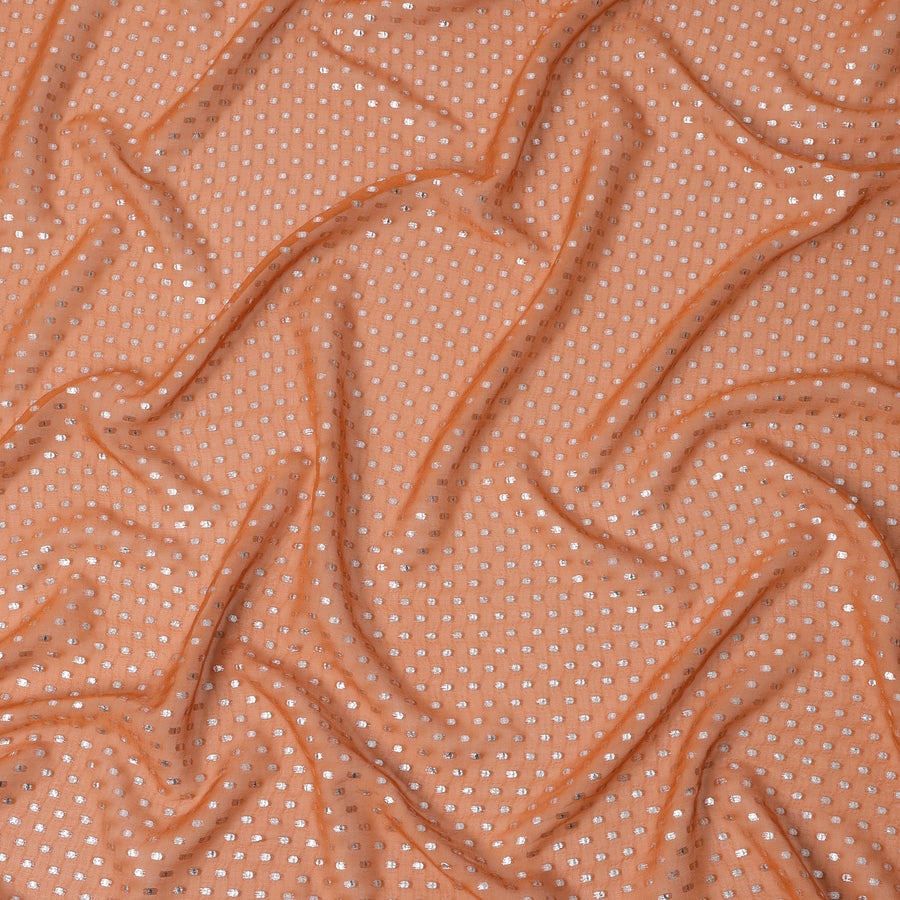 Peach Orange Silk Chiffon Fabric with Metallic Lurex Polka Dot Design, 110 Cms Width, Made in South Korea-D22581