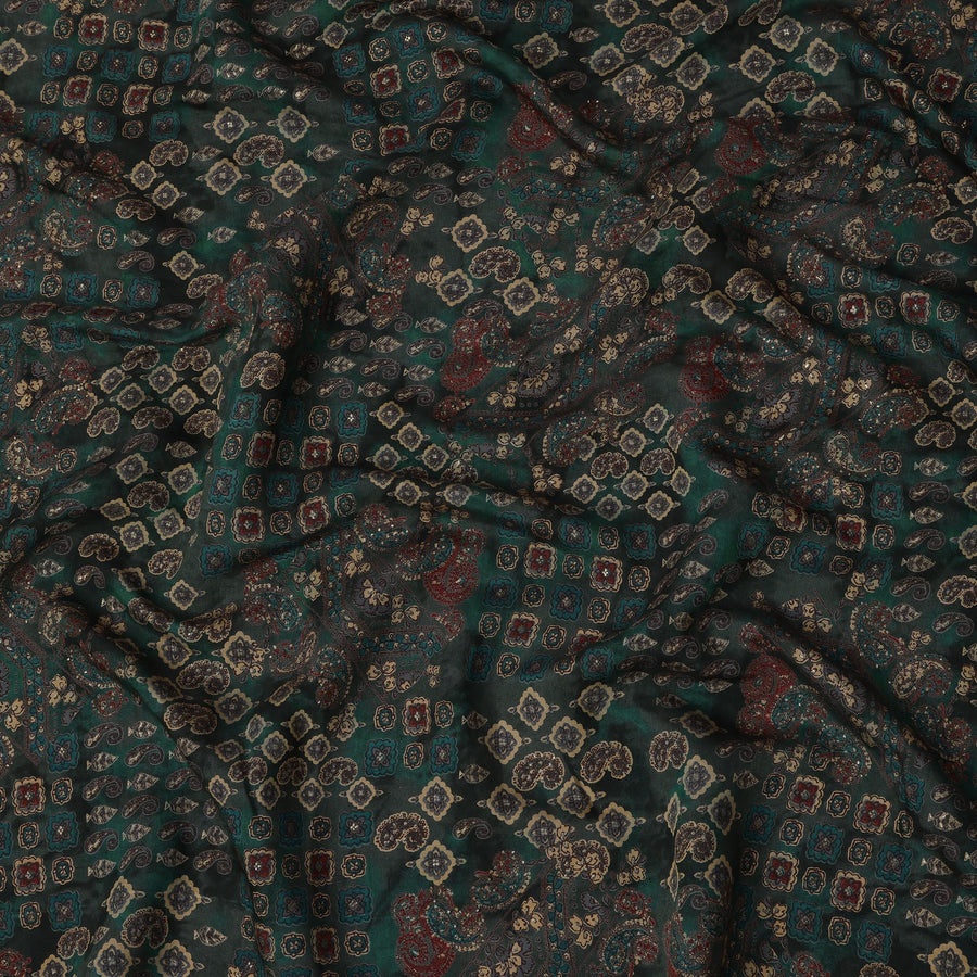 Deep Green Ethnic Printed Blended Viscose Fabric with Paisley & Geometric Motifs, 110 Cms Width, Made in India-D22798