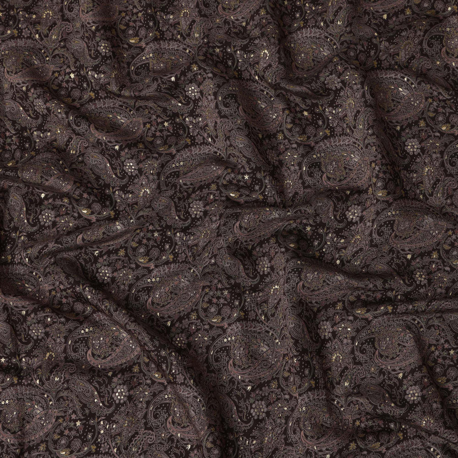 Dark Brown Paisley and Floral Printed Blended Viscose Fabric with Metallic Accents, 110 Cms Width, Made in India-D22801
