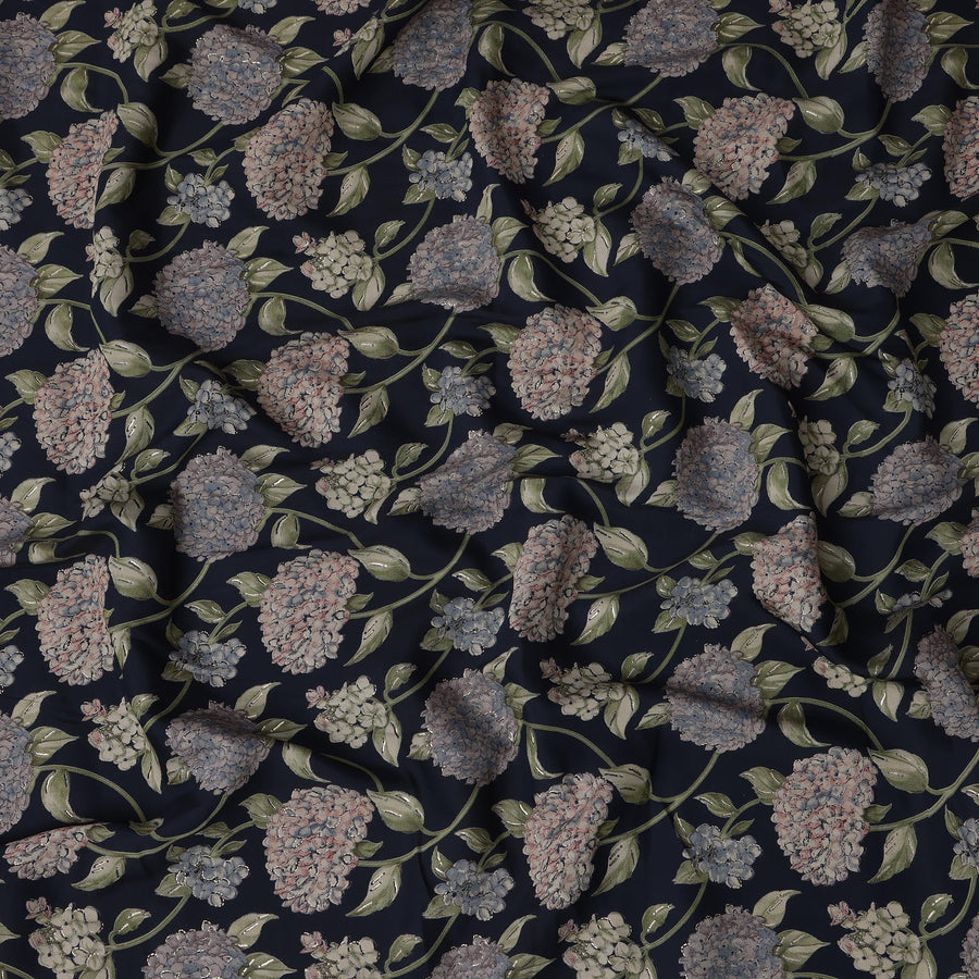 قماش فيسكوز أسود ممزوج بنقشة زهور الكوبية بألوان الباستيل، عرض 110 سم، صنع في الهند - D22802