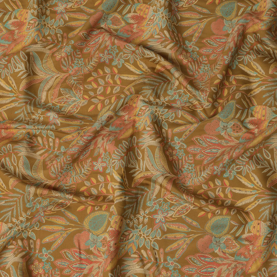 Mustard Yellow Tropical Floral Printed Blended Viscose Fabric with Multicolor Leaf and Fruit Motifs, 110 Cms Width, Made in India-D22803