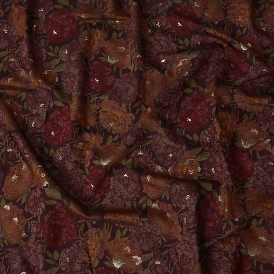 Maroon Floral Printed Blended Viscose Fabric with Gold Highlights and Bold Peony Motifs, 110 Cms Width, Made in India-D22804