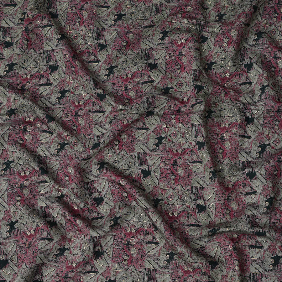 Olive Green and Maroon Geometric Tribal Printed Blended Viscose Fabric with Metallic Highlights, 110 Cms Width, Made in India-D22805