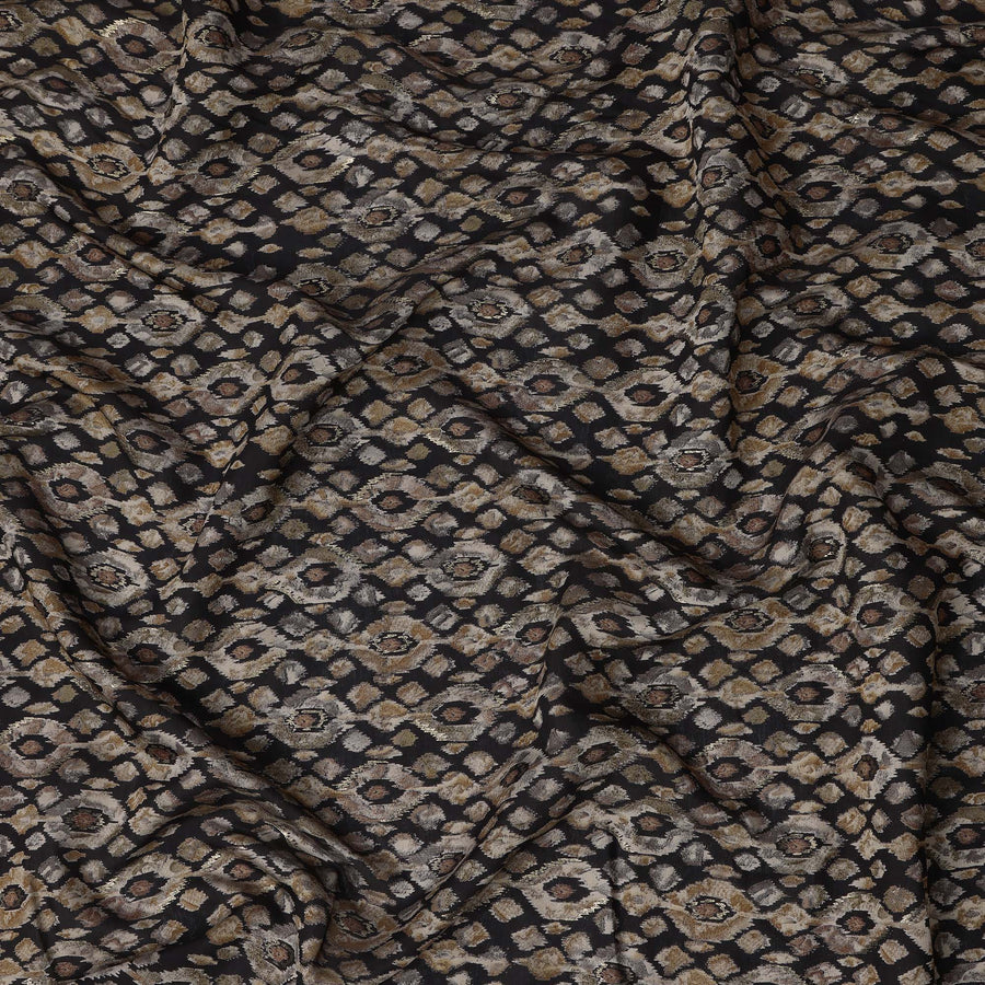 Black Ikat-Inspired Diamond Printed Blended Viscose Fabric with Earthy Beige and Taupe Tones, 110 Cms Width, Made in India-D22806