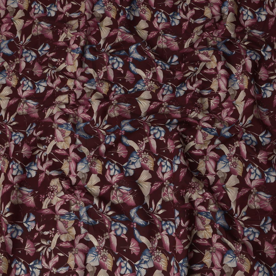 Maroon Floral Printed Blended Viscose Fabric with Beige, Blue, and Pink Petal Motifs, 110 Cms Width, Made in India-D22807