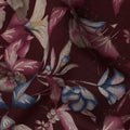 Maroon Floral Printed Blended Viscose Fabric with Beige, Blue, and Pink Petal Motifs, 110 Cms Width, Made in India-D22807