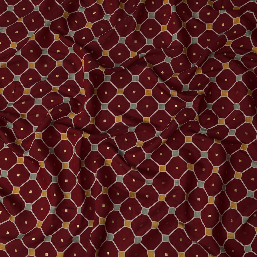 Maroon Geometric Printed Blended Viscose Fabric with Hexagonal Motifs and Gold Foil Accents, 110 Cms Width, Made in India-D22808