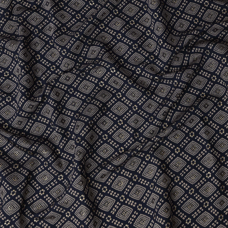 Navy Blue Geometric Printed Blended Viscose Fabric with Beige Diamond Motifs and Dot Clusters, 110 Cms Width, Made in India-D22814