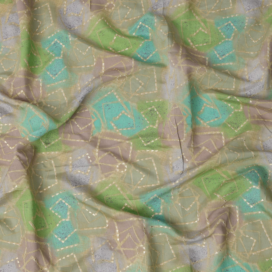 Light Olive Green Abstract Geometric Printed Blended Viscose Fabric with Aqua and Lime Accents and Gold Highlights, 110 Cms Width, Made in India-D22818