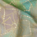 Light Olive Green Abstract Geometric Printed Blended Viscose Fabric with Aqua and Lime Accents and Gold Highlights, 110 Cms Width, Made in India-D22818