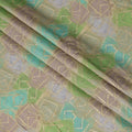 Light Olive Green Abstract Geometric Printed Blended Viscose Fabric with Aqua and Lime Accents and Gold Highlights, 110 Cms Width, Made in India-D22818