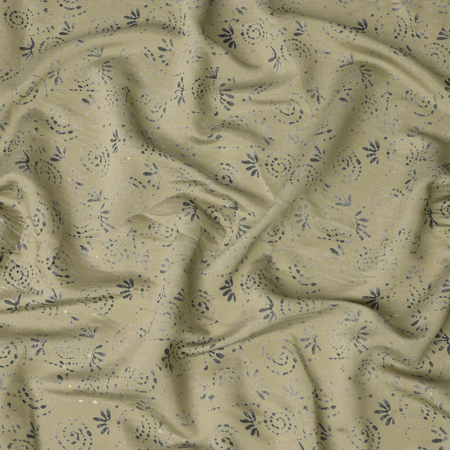 Sage Green Handblock-Inspired Printed Blended Viscose Fabric with Navy Swirl Motifs and Gold Highlights, 110 Cms Width, Made in India-D22819