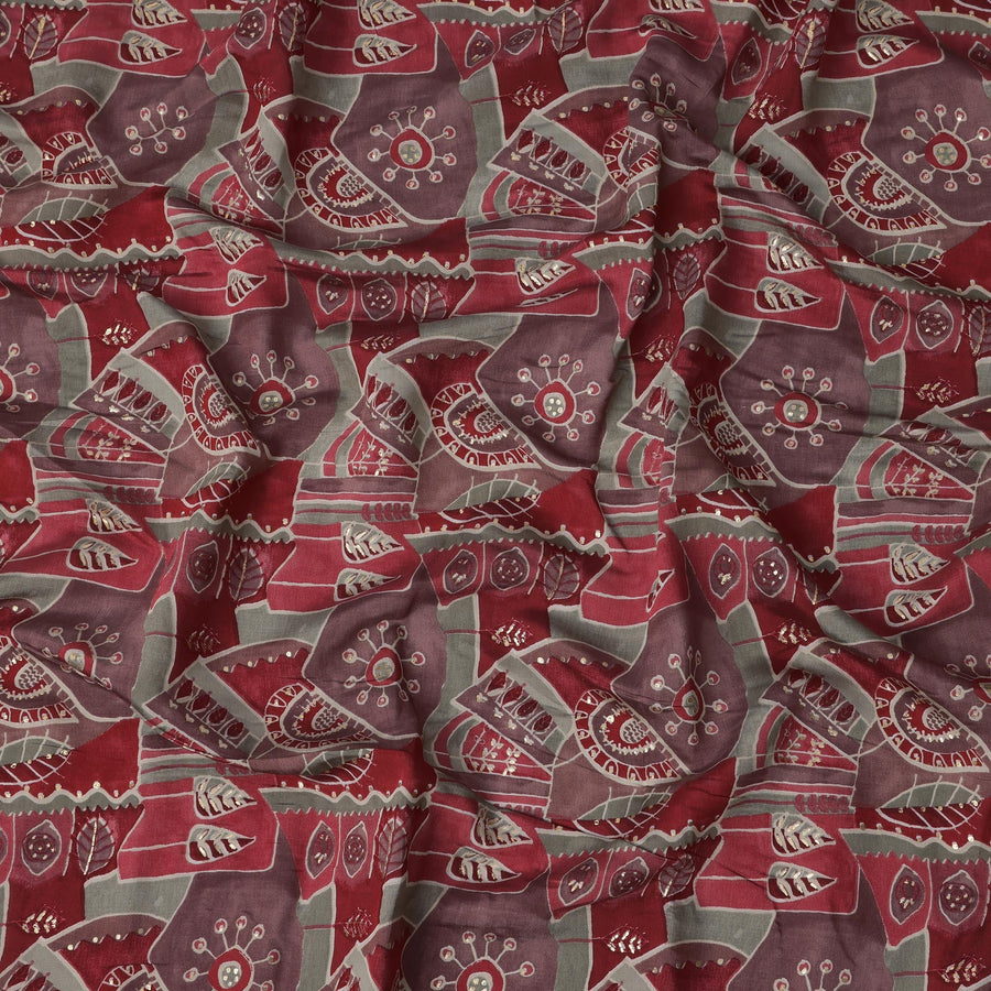 Maroon and Grey Abstract Floral Printed Blended Viscose Fabric with Handblock-Style Motifs, 110 Cms Width, Made in India-D22821