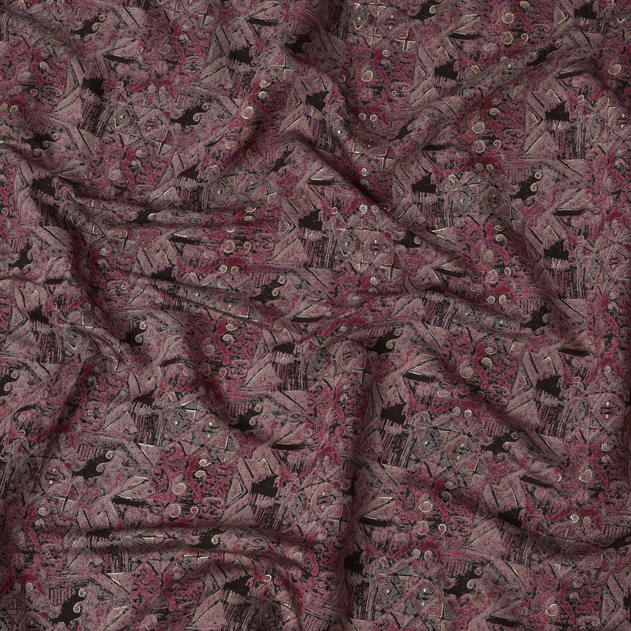 Wine and Black Abstract Geometric Printed Blended Viscose Fabric with Metallic Accents and Tribal-Inspired Motifs, 110 Cms Width, Made in India-D22823