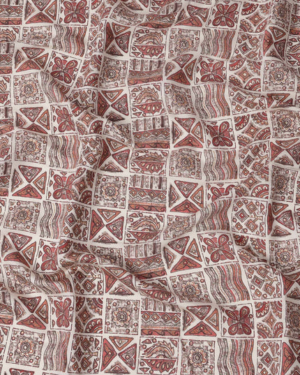 Ivory and Rust Ethnic Block Printed Blended Viscose Fabric with Tribal Motifs in Geometric Grid Layout, 110 Cms Width, Made in India-D22824