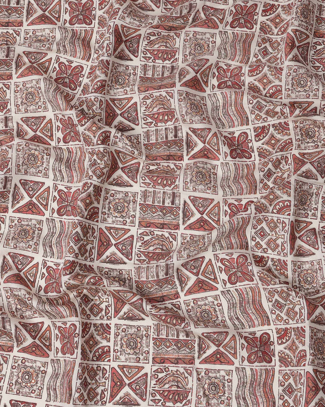 Ivory and Rust Ethnic Block Printed Blended Viscose Fabric with Tribal Motifs in Geometric Grid Layout, 110 Cms Width, Made in India-D22824