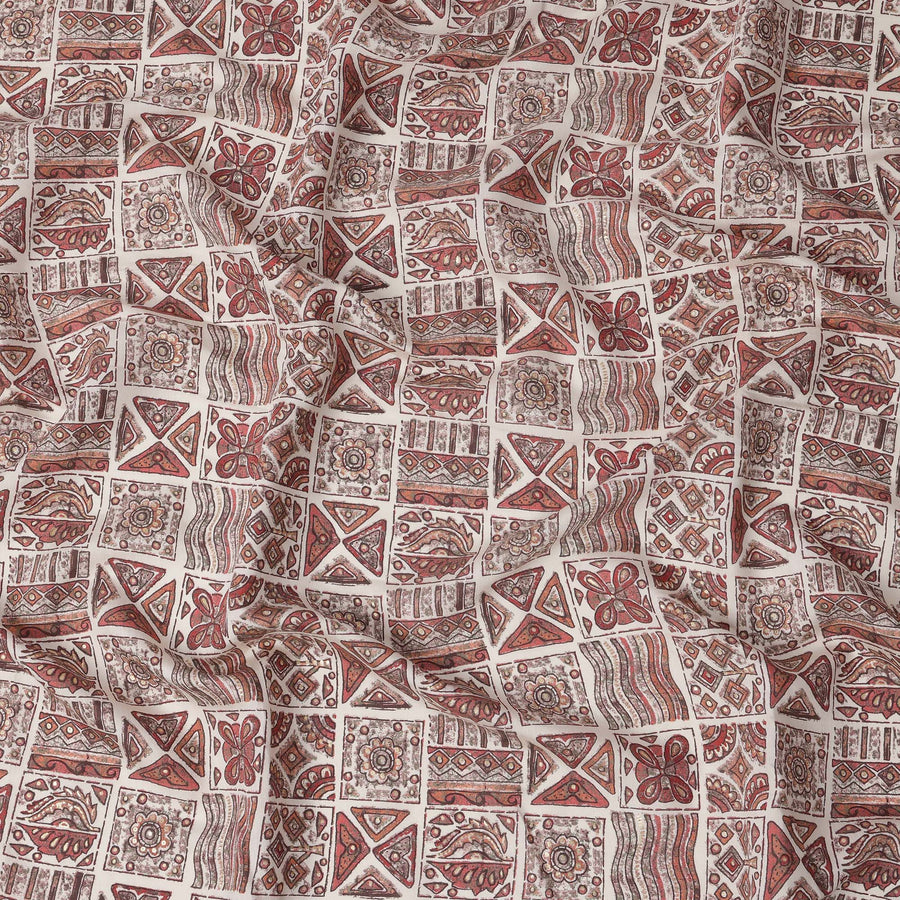 Ivory and Rust Ethnic Block Printed Blended Viscose Fabric with Tribal Motifs in Geometric Grid Layout, 110 Cms Width, Made in India-D22824