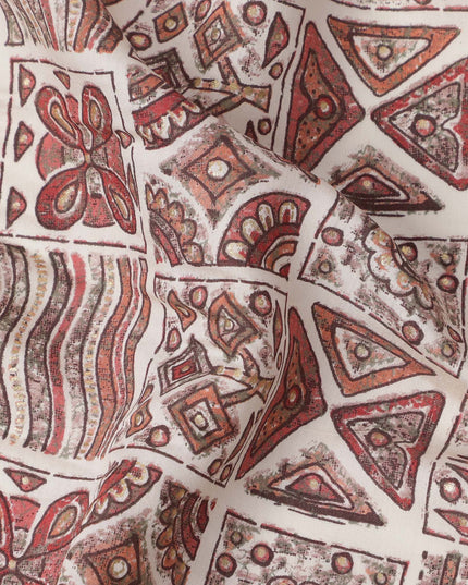 Ivory and Rust Ethnic Block Printed Blended Viscose Fabric with Tribal Motifs in Geometric Grid Layout, 110 Cms Width, Made in India-D22824