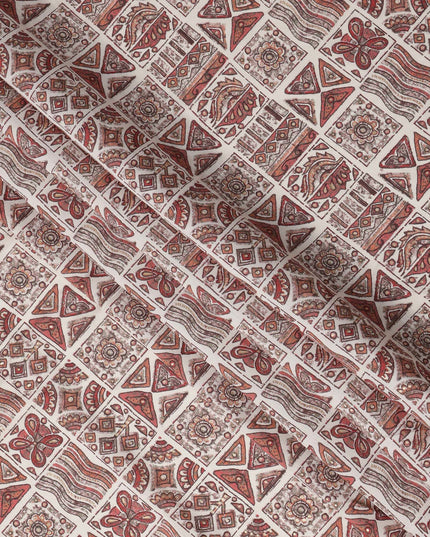 Ivory and Rust Ethnic Block Printed Blended Viscose Fabric with Tribal Motifs in Geometric Grid Layout, 110 Cms Width, Made in India-D22824