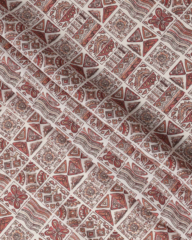 Ivory and Rust Ethnic Block Printed Blended Viscose Fabric with Tribal Motifs in Geometric Grid Layout, 110 Cms Width, Made in India-D22824