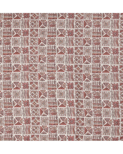 Ivory and Rust Ethnic Block Printed Blended Viscose Fabric with Tribal Motifs in Geometric Grid Layout, 110 Cms Width, Made in India-D22824