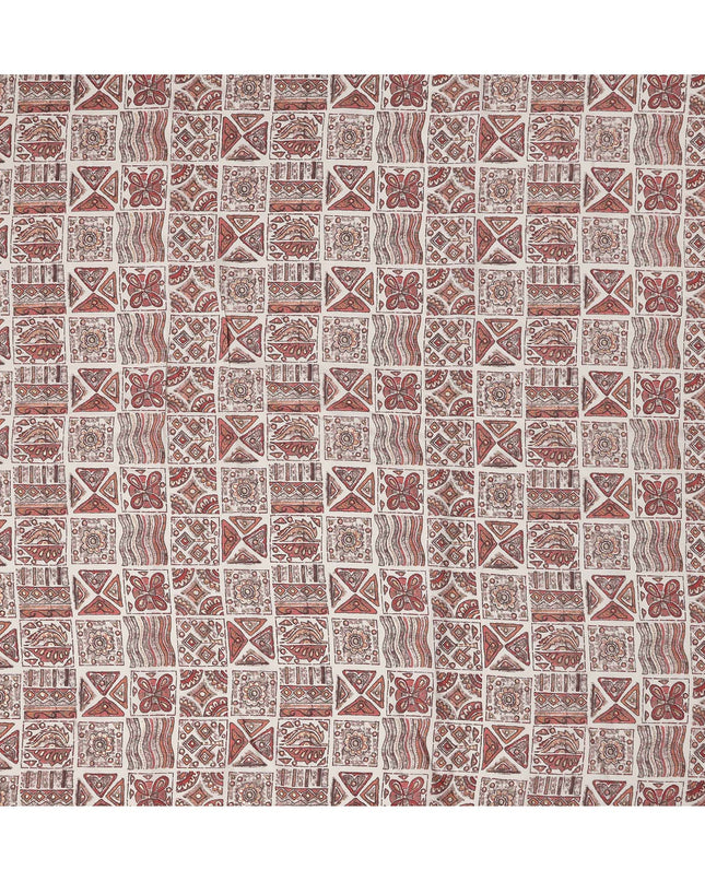 Ivory and Rust Ethnic Block Printed Blended Viscose Fabric with Tribal Motifs in Geometric Grid Layout, 110 Cms Width, Made in India-D22824