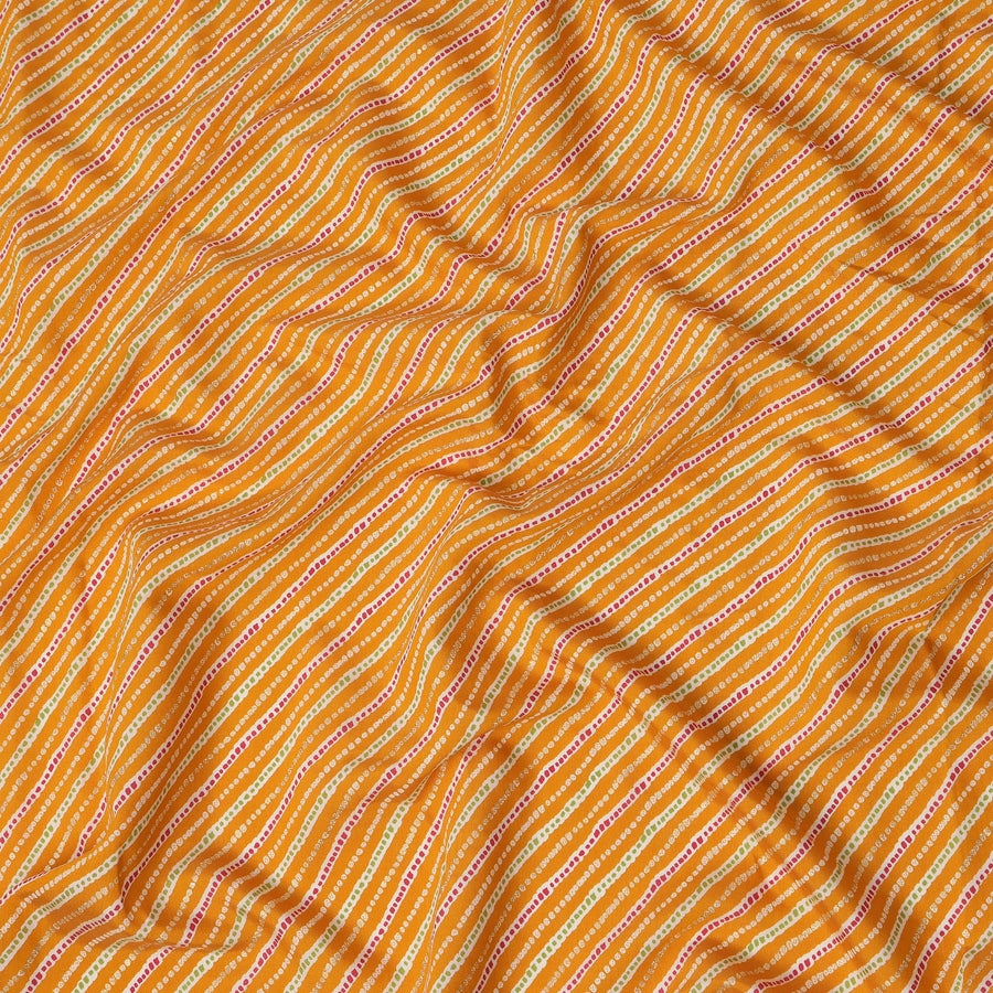 Bright Orange Wavy Striped Printed Blended Viscose Fabric with Dotted Bandhani-Inspired Pattern in Yellow and Pink, 110 Cms Width, Made in India-D22825
