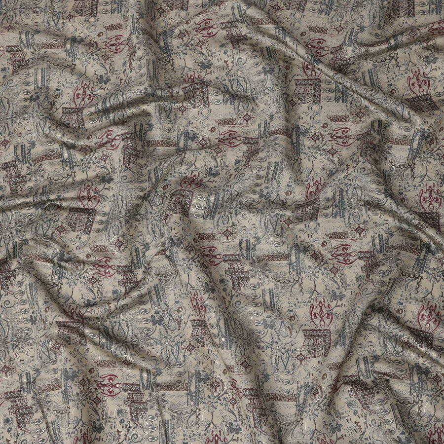 Beige and Blue Ethnic Motif Printed Blended Viscose Fabric with Maroon and Metallic Accents in Traditional Pattern Layout, 110 Cms Width, Made in India-D22827