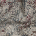 Beige and Blue Ethnic Motif Printed Blended Viscose Fabric with Maroon and Metallic Accents in Traditional Pattern Layout, 110 Cms Width, Made in India-D22827