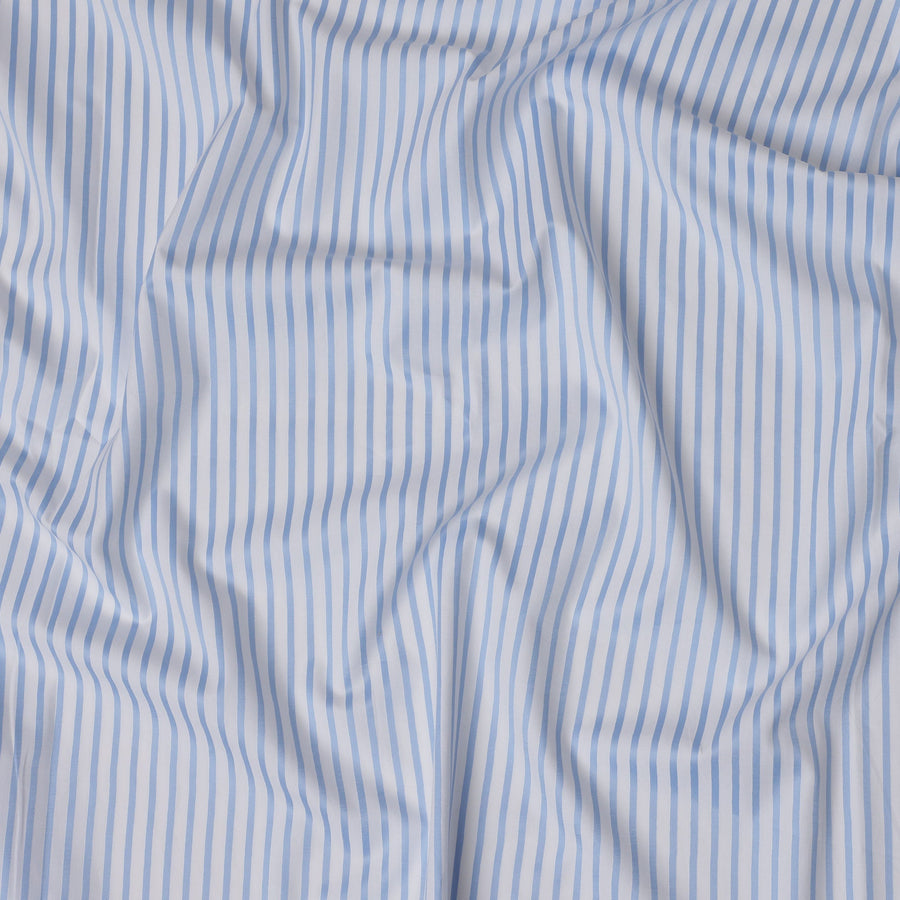 White and Blue Vertical Stripe 100% Cotton Shirting Fabric, Classic Twill Design, 150 cm Width, Made in Italy-D22877