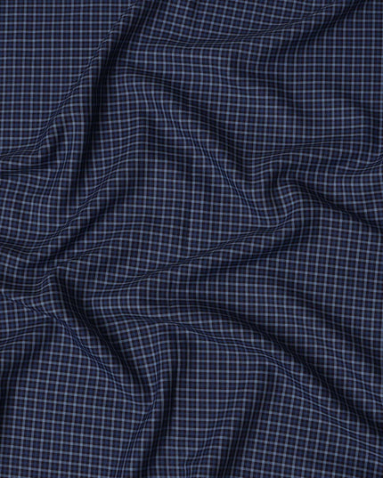 Navy Blue and Grey Small Check 100% Cotton Shirting Fabric, Fine Grid Design, 150 cm Width, Made in Italy-D22878