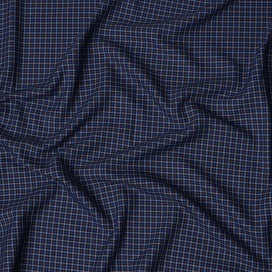 Navy Blue and Grey Small Check 100% Cotton Shirting Fabric, Fine Grid Design, 150 cm Width, Made in Italy-D22878