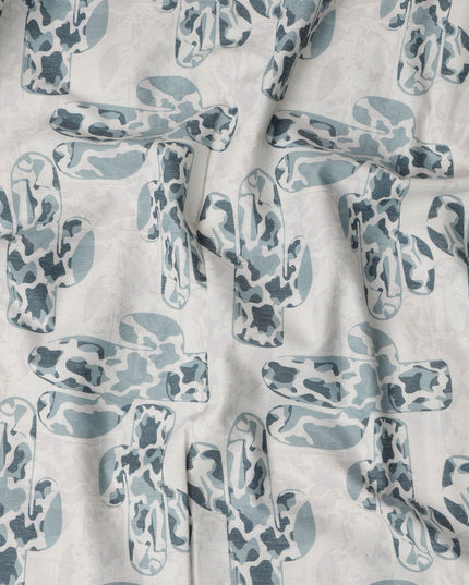 قماش كتان مخلوط بطبعة صبار باللون الأزرق الفاتح - عرض 140 سم، صنع في الهند، يُباع بالمتر - D23079