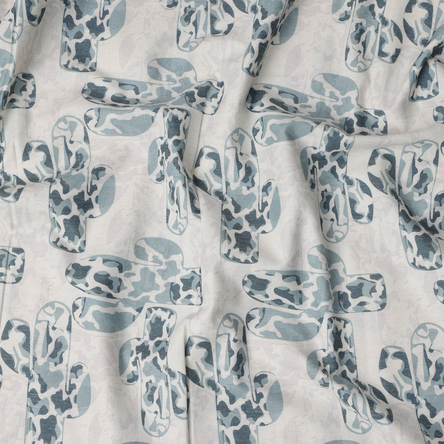 قماش كتان مخلوط بطبعة صبار باللون الأزرق الفاتح - عرض 140 سم، صنع في الهند، يُباع بالمتر - D23079