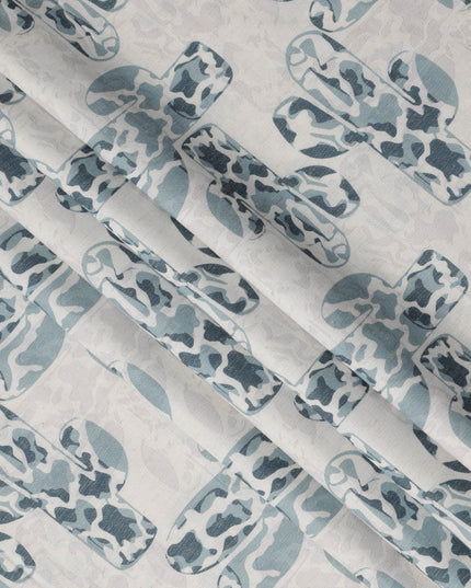 قماش كتان مخلوط بطبعة صبار باللون الأزرق الفاتح - عرض 140 سم، صنع في الهند، يُباع بالمتر - D23079