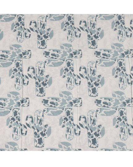 قماش كتان مخلوط بطبعة صبار باللون الأزرق الفاتح - عرض 140 سم، صنع في الهند، يُباع بالمتر - D23079