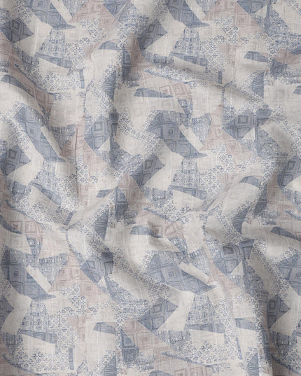 قماش كتان مخلوط مطبوع بنقش تجريدي باللون الأزرق العاجي - عرض 140 سم، صنع في الهند، يُباع بالمتر - D23081